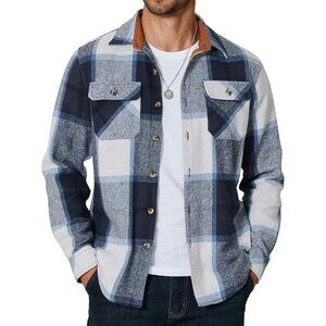 Coofandy Men Blue Flannel Plaid Button Down Jacket Shirt with Pockets